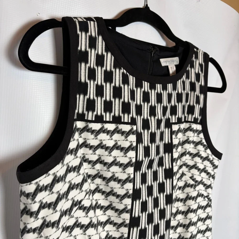 London‎ Times S/L Sheath Dress Black White Geometric Print Size 12 Career